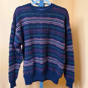 Vintage 90s Grandpa Sweater Mens M Blue Fair Isle Geometric Chunky Knit Heritage